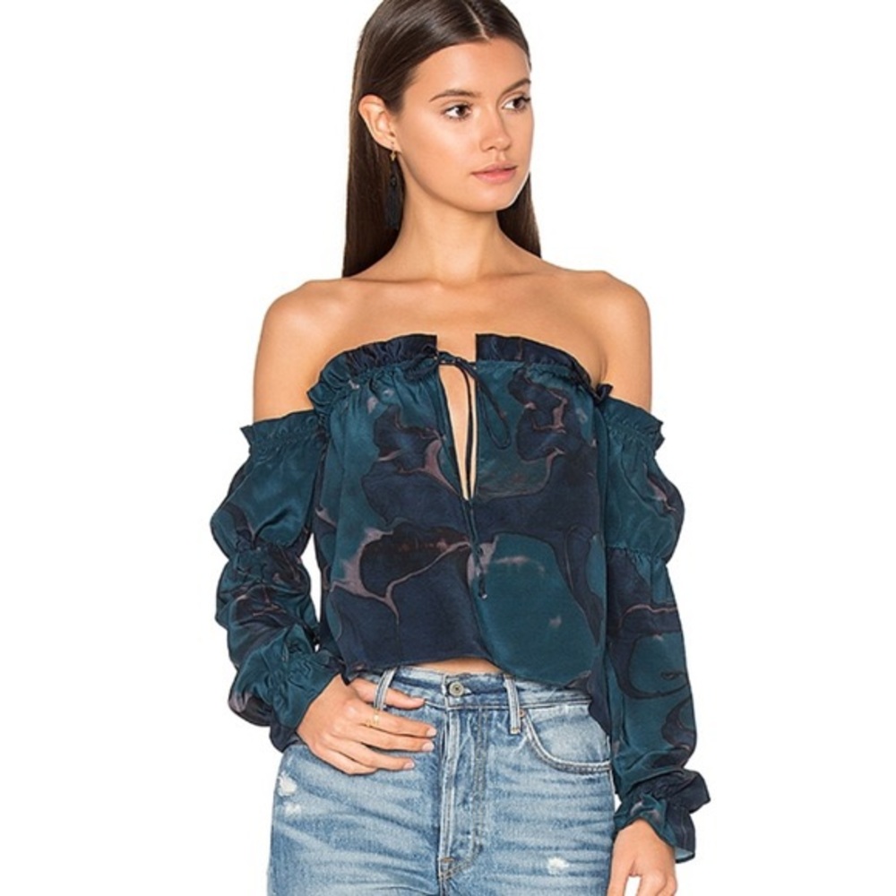 100% Silk! Stone Cold Fox x Revolve - Nate Blouse in Blue Lilypad Print